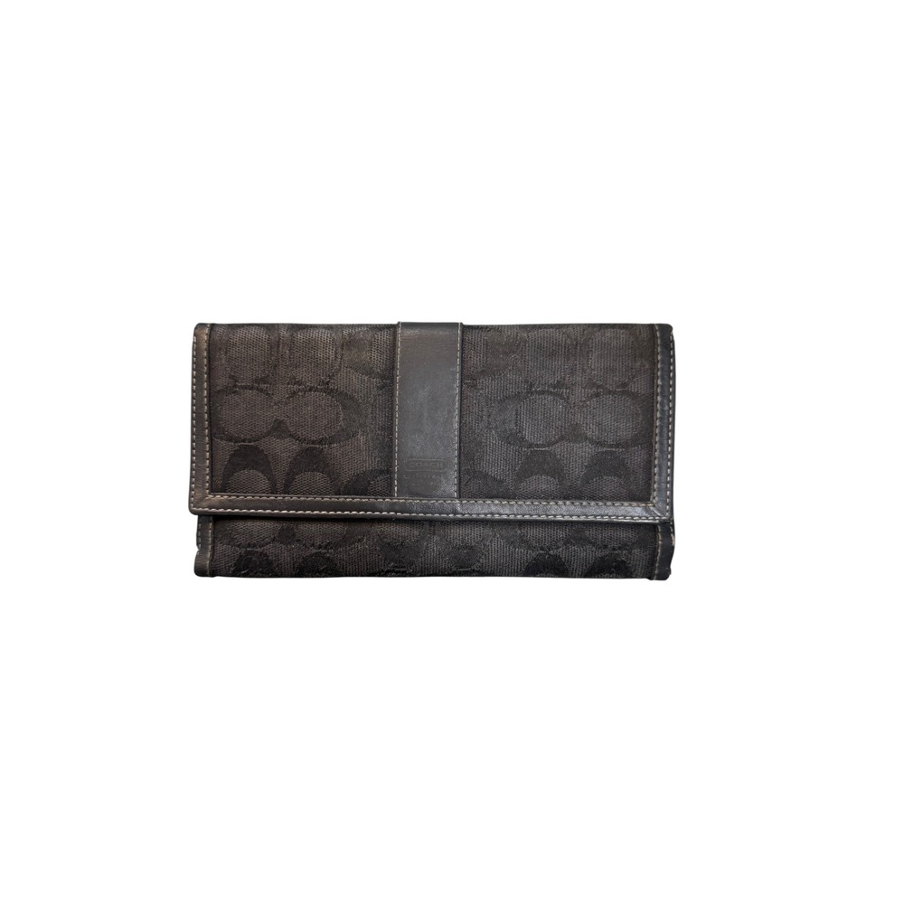 Coach Black Signature Jacquard Trifold Wallet Leather Trim Monogram Snap Closure